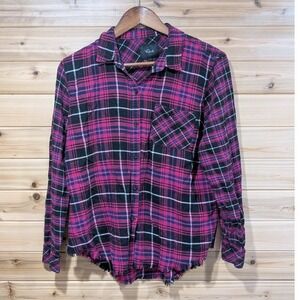 Rails Brock Plaid Flannel Shirt Fuschia Black Navy Raw Hem Womens Large